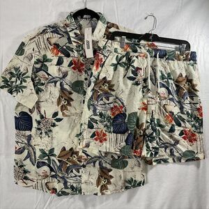 Jogal Shirt & Shorts Set Mens Large White Hawaiian Floral Button Up Tropical